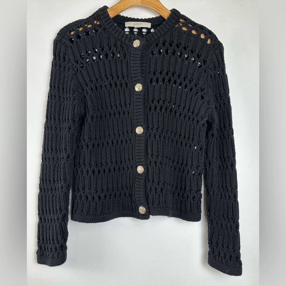 LOFT Women’s XS Black Open Stitch Knit Cardigan Button Front Sweater Crew Neck - Picture 2 of 12